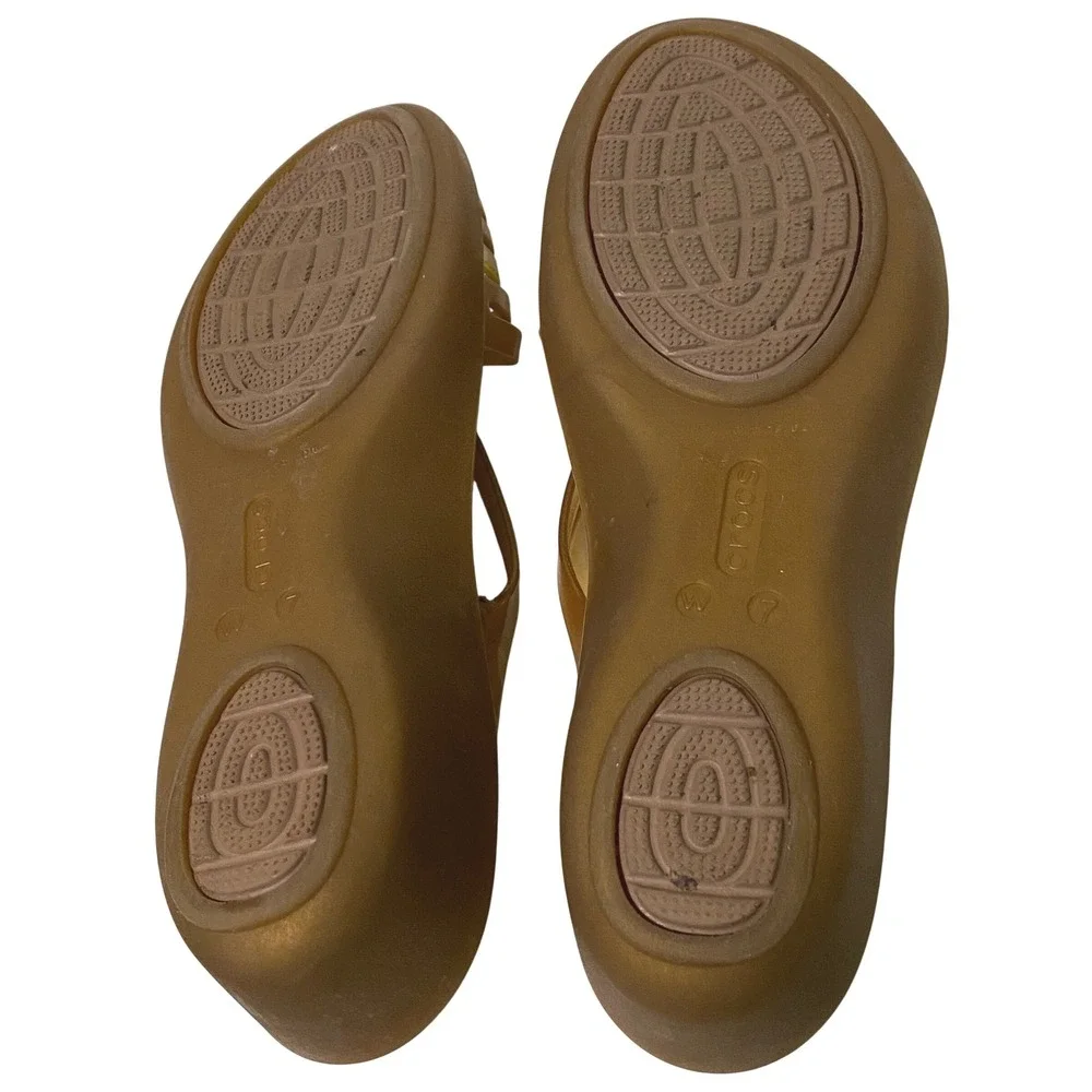 Crocs Isabella Strappy Mini Wedge Sandals Bronze Gold Glitter Slides Womens 7